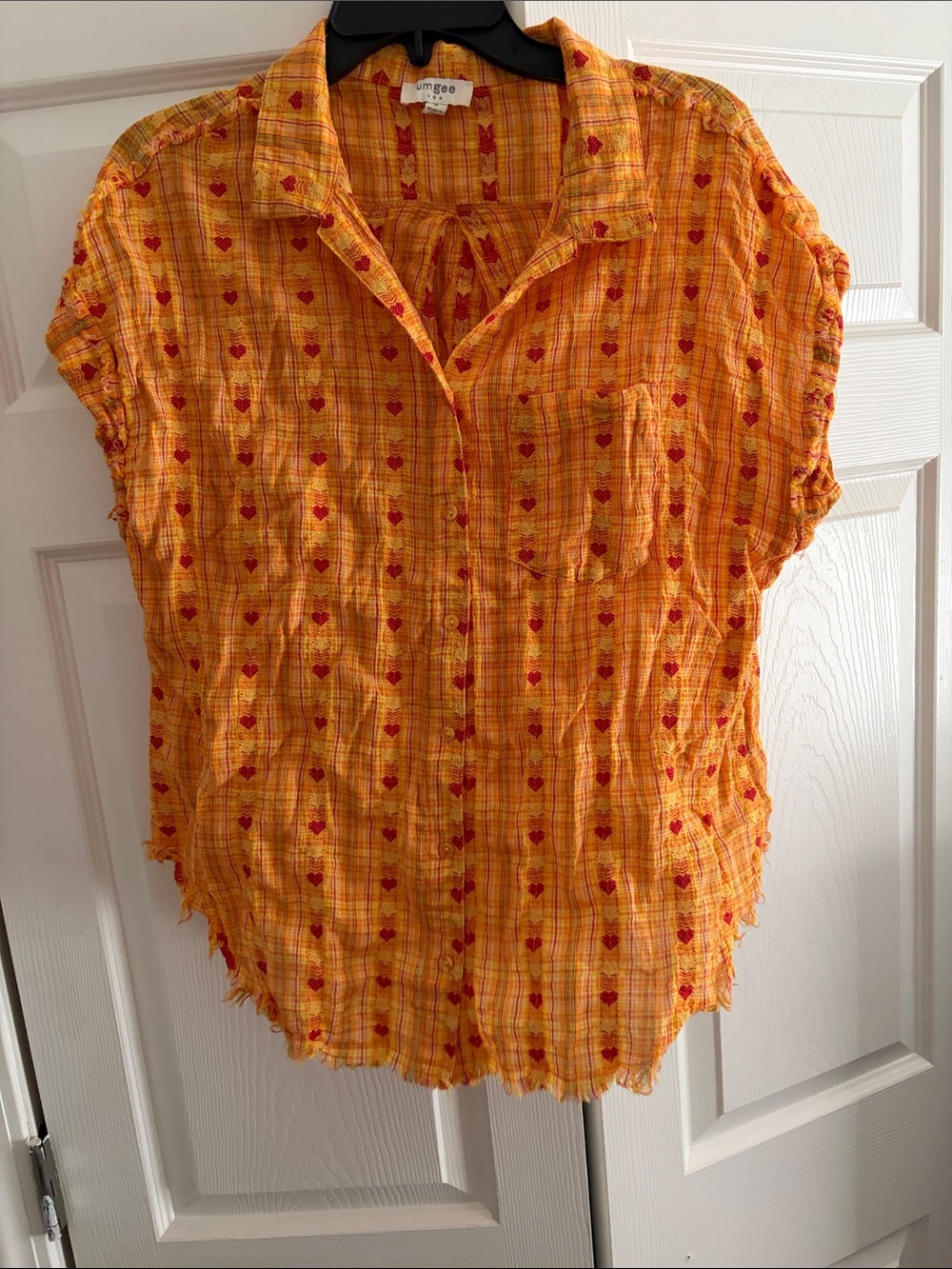 Umgee Yellow Orange Heart-Print Button Front Shirt